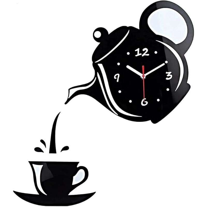 Kinsi - Murale 3D, Pendule Murales pour Cafés, Autocollant Miroir 3D Home Decor Horloge Murale Silencieuse (Pas De Batterie)Noir
