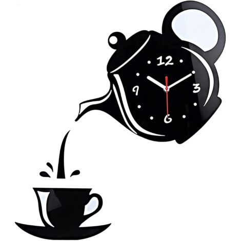 Murale 3D, Pendule Murales pour Cafés, Autocollant Miroir 3D Home Decor Horloge Murale Silencieuse (Pas De Batterie)Noir