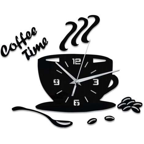 Murale 3D, Pendule Murales pour Cafés, Autocollant Miroir 3D Home Decor Horloge Murale Silencieuse (Pas De Batterie)Noir