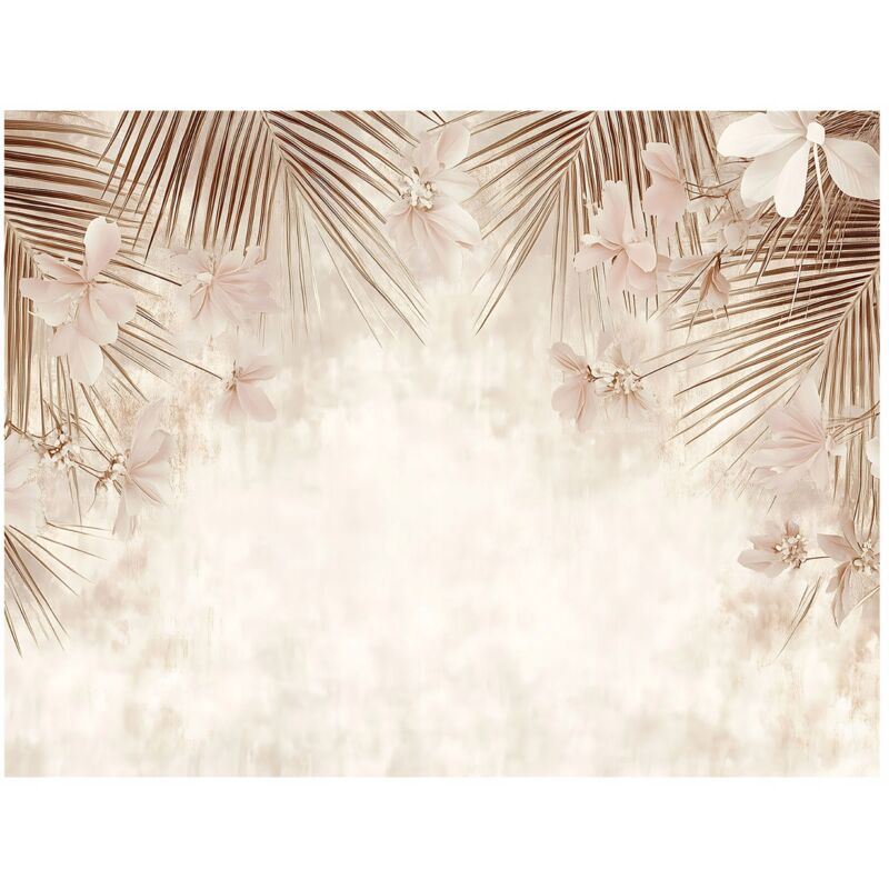 Papier peint avec motif de feuilles de palmier sur fond de béton beige, style ethnique, pour la décoration des murs du salon ou de la chambre à Papier peint avec motif de feuilles de palmier sur fond de béton beige, style ethnique, pour la décoration des murs du salon ou de la chambre à