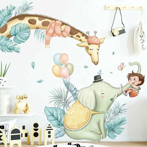 Muraux Animaux Forêt Arbre Autocollant Mural,Sticker Mural Animal pour Chambre d'enfant,éléphant girafe Décoration Murale Chambre Bébé Pépinière Enfant