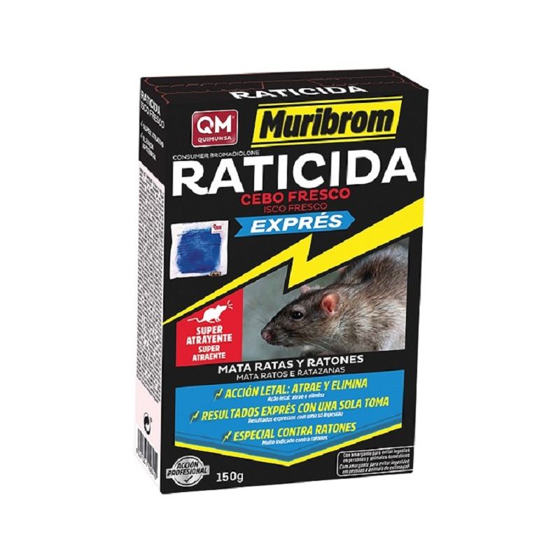 

Muribrom Quimunsa Raticida Cebo Fresco EXPRÉS 150g Veneno Ratones, Ratas y roedores (Brodifacoum)