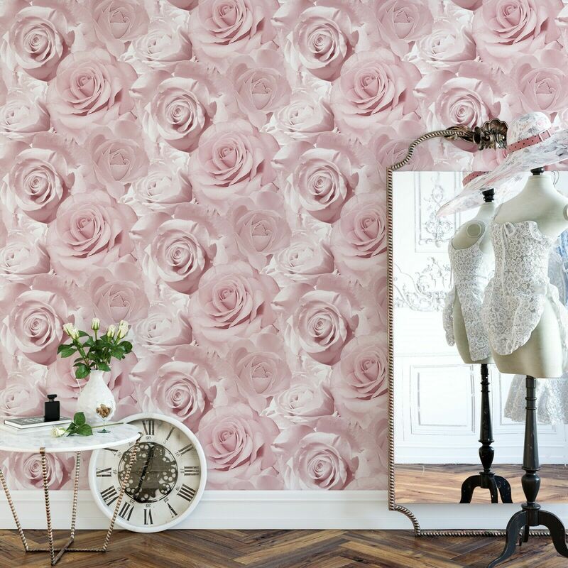 Bella Soft Pink Flower Rose Bloom 3D Effect Floral Designer Wallpaper[FULL roll - Bella Soft Pink WD0011] - Muriva