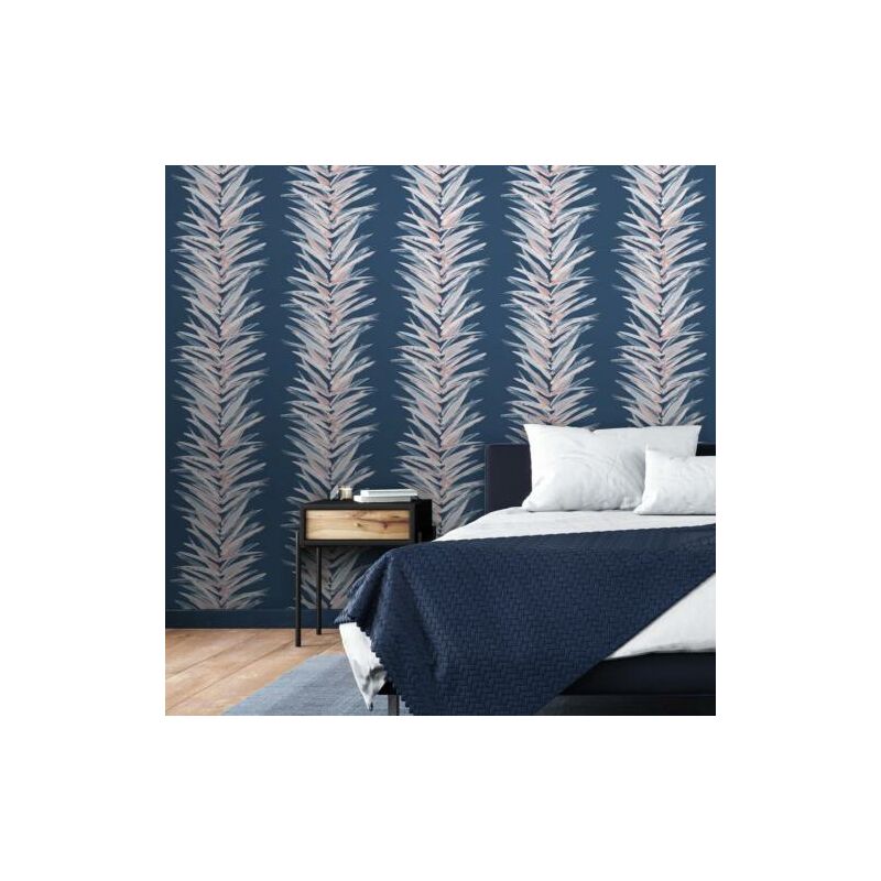 Muriva - Dhara Leaf Wallpaper Exotic Palm Leaves Stripes Brush Marks Blue 191503