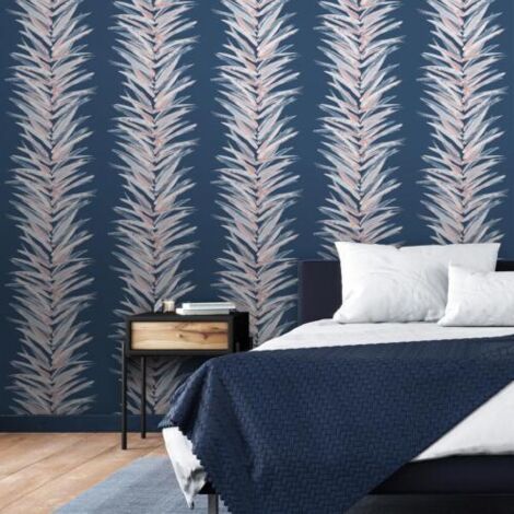 Muriva Dhara Leaf Wallpaper Exotic Palm Leaves Stripes Brush Marks Blue 191503