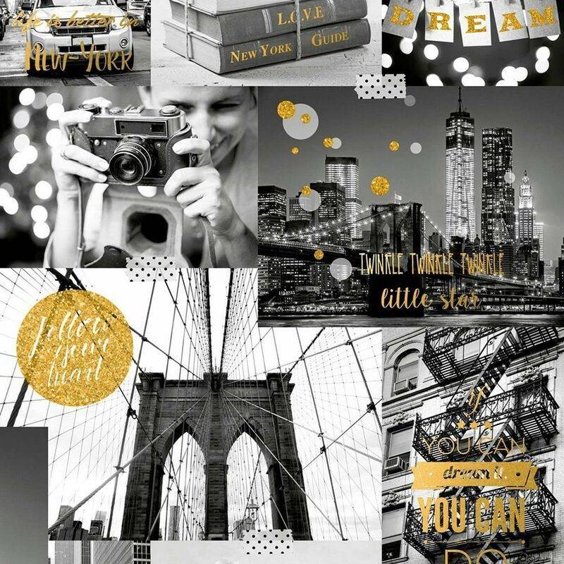 Bright Lights Big City Wallpaper New York Black White Gold Glitter - Muriva