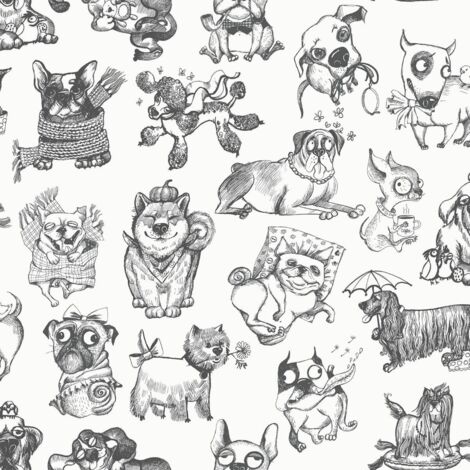 Muriva Pooches Black White Wallpaper Dogs Cute Animal Print Feature Wall