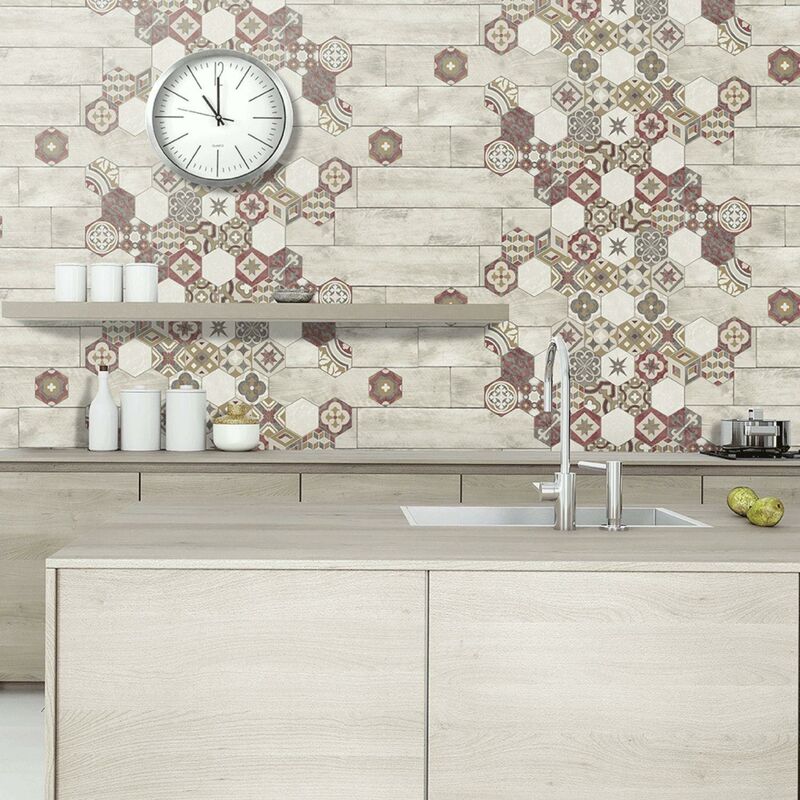 Muriva - Tiles and Wood Heavy Duty Vinyl Wallpaper Lightly Textured Feature Wall