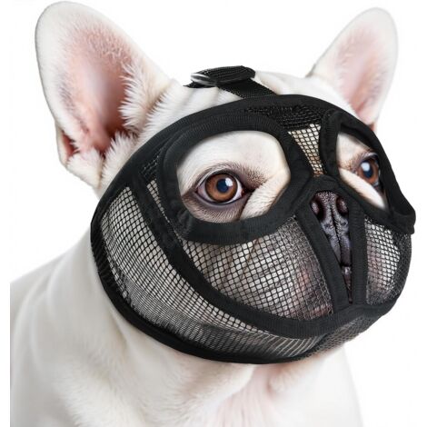 Museruola per bulldog francese con fori per gli occhi perforati, traspirante, adatta a cani a bocca corta come bulldog inglesi, carlini e shih tzu, per prevenire i morsi (L, nera).