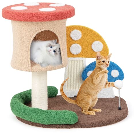 Mushroom Cat Tower 4-In-1 Wooden Cat Tree Activity Center Climbing Stand w/Condo