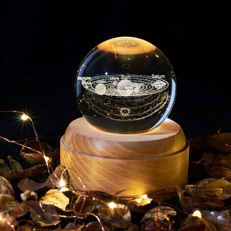 Music Box, bola de cristal con luz nocturna Caja de música con base de madera para proyector LED para Navidad, regalo de Acción de Gracias (Sistema Solar)