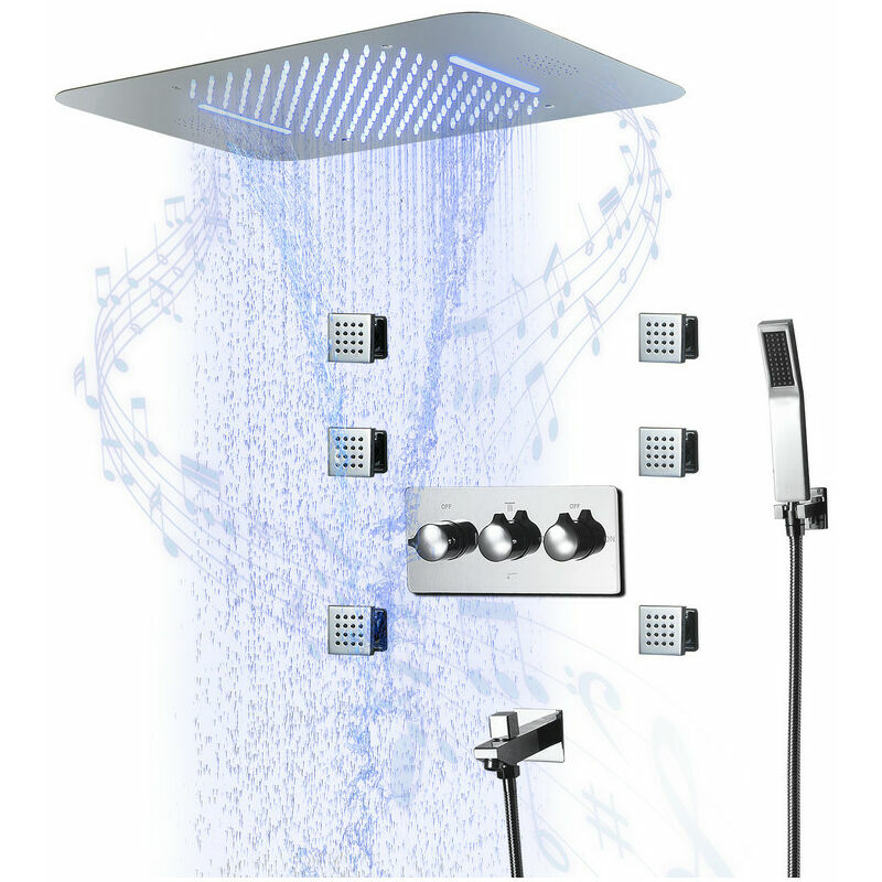 Music Built-in Shower System 64 Colors rgb led 580380mm Shower Set with 6pcs 2 Inch Massage Nozzle, Chrome Shower Column with Shower Head, Bathtub