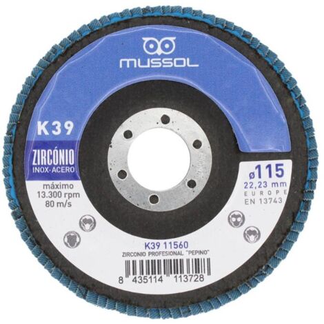 MUSSOL disco laminas pepino k-39 115-120 caja 10 , Disco de láminas Pepino K39 115 mm Mussol Disco de láminas con tela de zirconio y soporte de fibra Gran rendimiento en ac