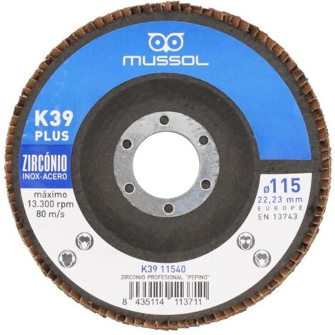 MUSSOL disco laminas pepino k-39 115-40 , Disco de láminas Pepino K39 115 mm Mussol Disco de láminas con tela de zirconio y soporte de fibra Gran rendimiento en acero inoxi