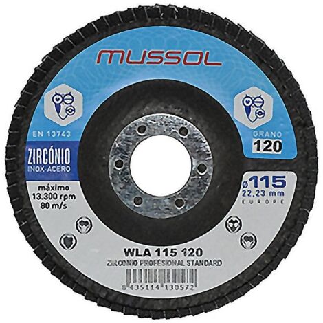 MUSSOL disco laminas wla 115 g120 inoxidable , DIsco de láminas Zirconio Grano 120. - Diámetro 115mm. - Máxima velocidad 13.300rpm. 80 m/s. - Lijado en múltiples materiales como me