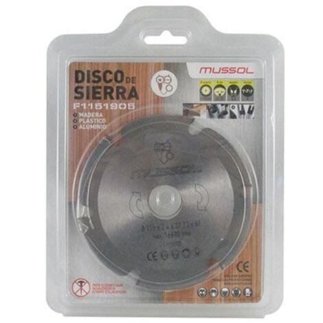 MUSSOL disco madera 115x2,4x22,23   blister , Disco multiusos de sierra F1151905Corta madera,plástico y aluminioMedidas 115x2,4mmEje 22,23mm6 dientesMaximo 1660