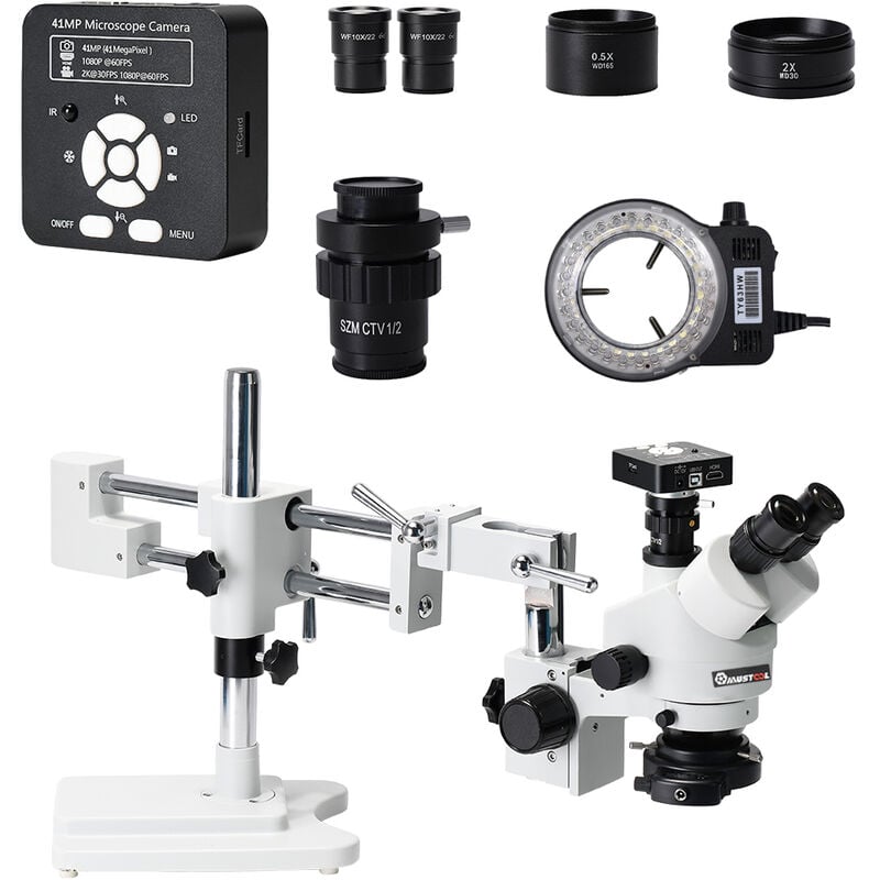Image of Kingso - mustool 3.5X 7X 45X 90X Dual Boom Stand Zoom Simul Microscopio stereo trinoculare focale + Microscopio per fotocamera da 41 mp per la