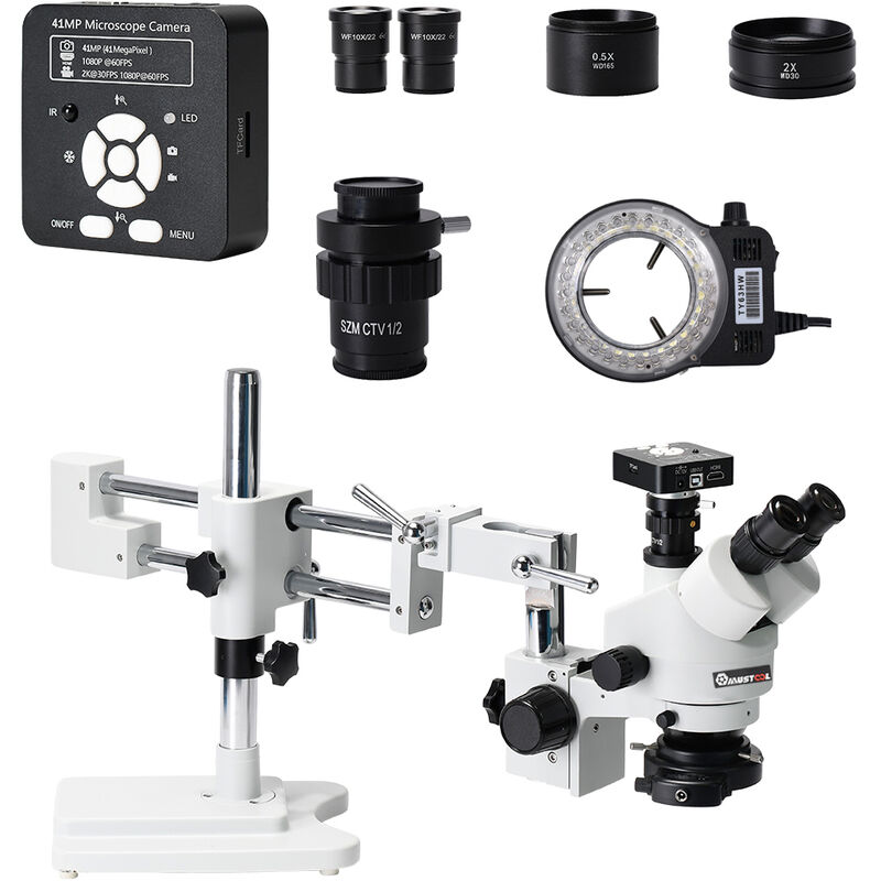 Image of Drillpro - mustool 3.5X 7X 45X 90X Dual Boom Stand Zoom Simul Microscopio stereo trinoculare focale + Microscopio per fotocamera da 41 mp per la