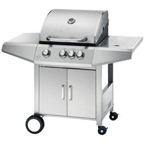 Muvip barbacoa gas inox 4 fuegos - estructura de acero inoxidable - 3 fuegos centrales + 1 fuego lateral - 2 rejillas esmaltadas - bandeja lateral - asa tacto frio - ruedas de transporte - color plate