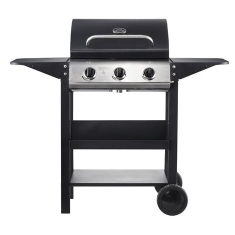 Muvip barbecue gas 3 brûleurs - 1209x586x1076mm - grilles émaillées, plateaux latéraux, thermomètre sur le couvercle - couleur noir