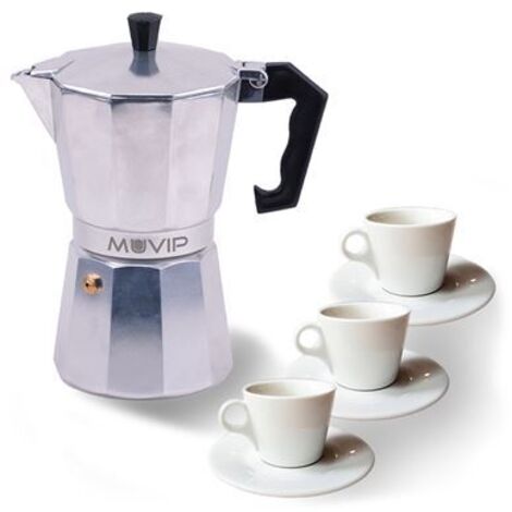 Muvip mv0600 cafetière de aluminium - capacité 3 tasses - poignée ergonomique - anti-adhésif - convient aux plaques électriques, vitrocéramiques et à gaz - couleur aluminium