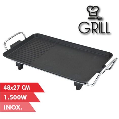 Muvip plancha électrique 1500w - 2 zones lisse et grill - plaque antiadhésive - poignées cool-touch - thermostat amovible - surface 48x27cm