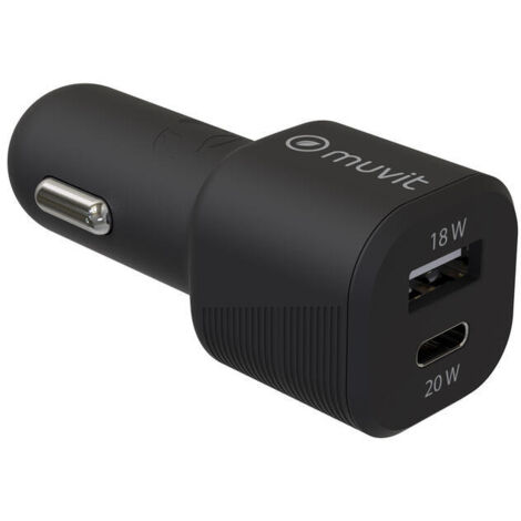 muvit for change cargador coche 1 USB QC 3.0 18W+1 Tipo C PD 20W negro