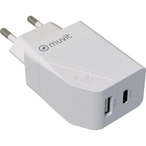 Muvit for change cargador de pared 1 usb qc 3.0 18w+1 tipo c pd 20w blanco