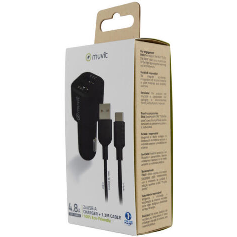 muvit for change pack cargador coche USB 2 puertos 2.4A + cable 1.2m tipo C negro