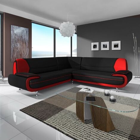 MOBILIER DECO MUZA - Canapé d'angle design en simili cuir noir et rouge