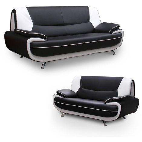 MOBILIER DECO MUZA - Ensemble canapé design en simili cuir noir et blanc