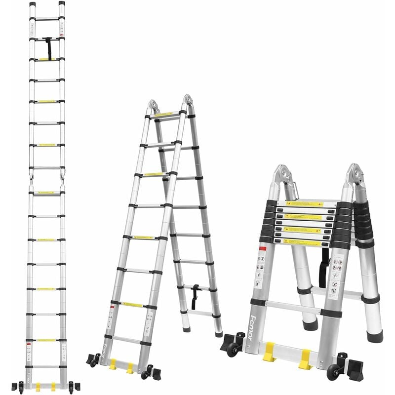 

3.8M Escalera Plegable Aluminio, Escalera Telescópica(1,9M+1,9M), Escalera Alta Multifuncional Portátil para Loft,12 Escalones Antideslizantes y