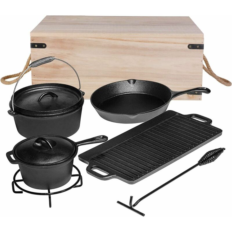 

7 Piezas Dutch Oven Set con Horno Holandés (3.8L), Parrilla, Cacerola, Sartén, Posavasos, Elevador de Tapa y Caja de Madera, para Barbacoa, Cocción,