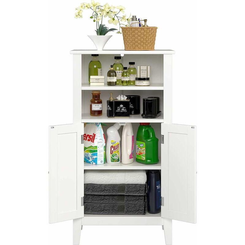 

Armario de baño con patas Armario de almacenamiento con 2 puertas y 2 niveles para dormitorio Sala de estar Cocina Madera 50 × 30 × 92 cm Blanco
