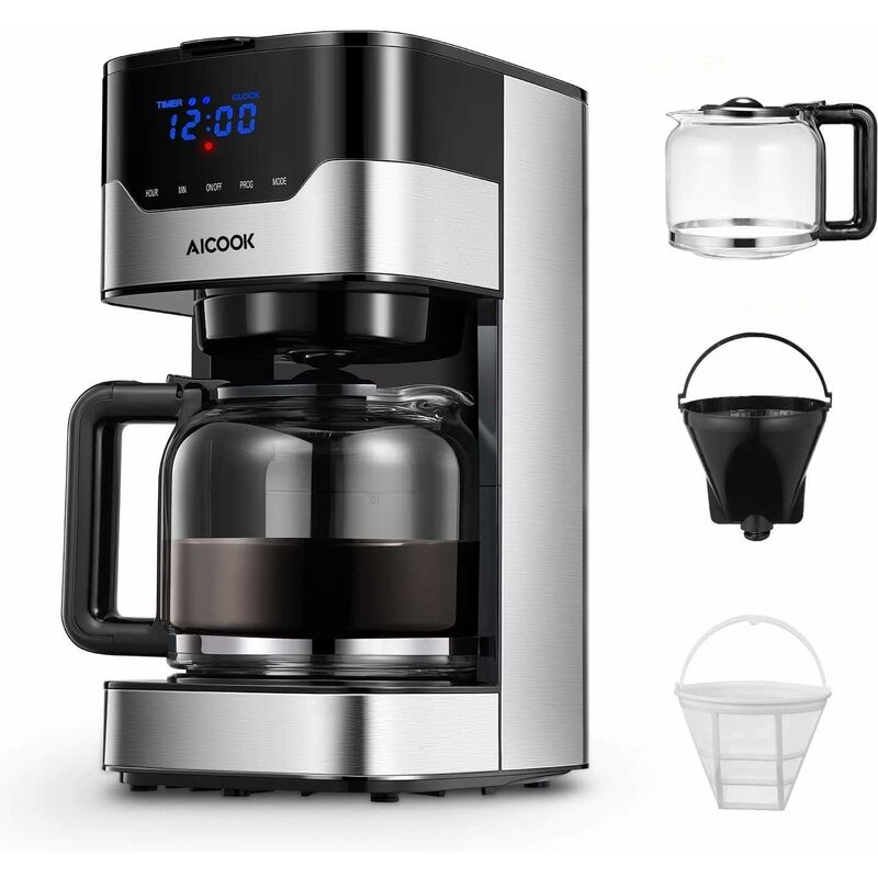 

Cafetera, cafetera de goteo, cafetera programable = 12 tazas con temporizador, jarra, sistema antigoteo, filtro permanente reutilizable, negro y