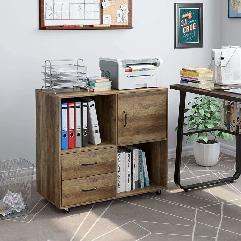 mvpower - caisson de bureau mobile avec 2 tiroirs meuble secretaire etageres et roulettes 75x39x80 cm (brun)