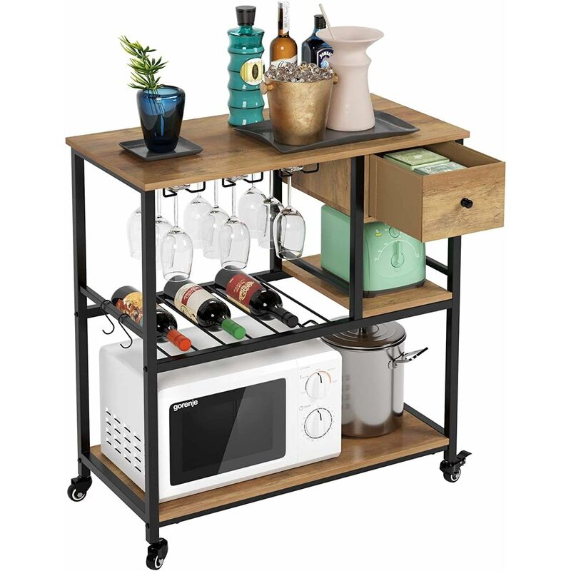 

MVPOWER Carrito de cocina con ruedas, Carrito de servicio con 3 estantes y cajón, Armario portavasos y vino, para cocina y salón, Marrón, 80 x 40 x