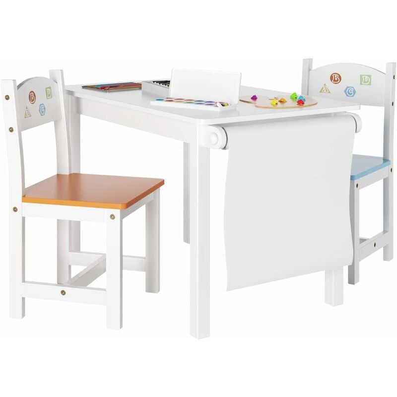 Ensembles de table et chaises pour enfants Meubles d'étude pour enfants 1x table et chaises 2X avec porte-rouleaux en bois - Mvpower