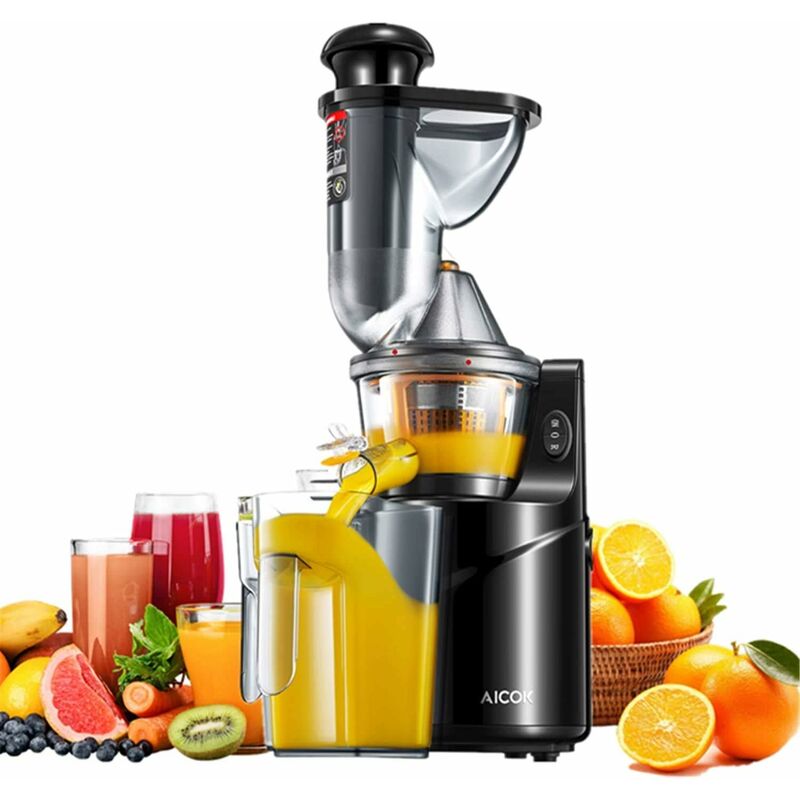 

Extractor de jugos para frutas y verduras con una gran abertura de llenado de 75 mm, equipado con un motor silencioso y función de limpieza con un