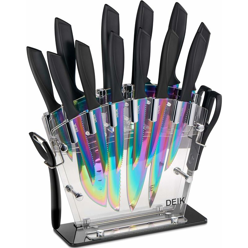 

Juego de 16 cuchillos | cuchillas de precisión | revestimiento de titanio en acero inoxidable | asas ergonómicas | Incluidas las tijeras de cocina y