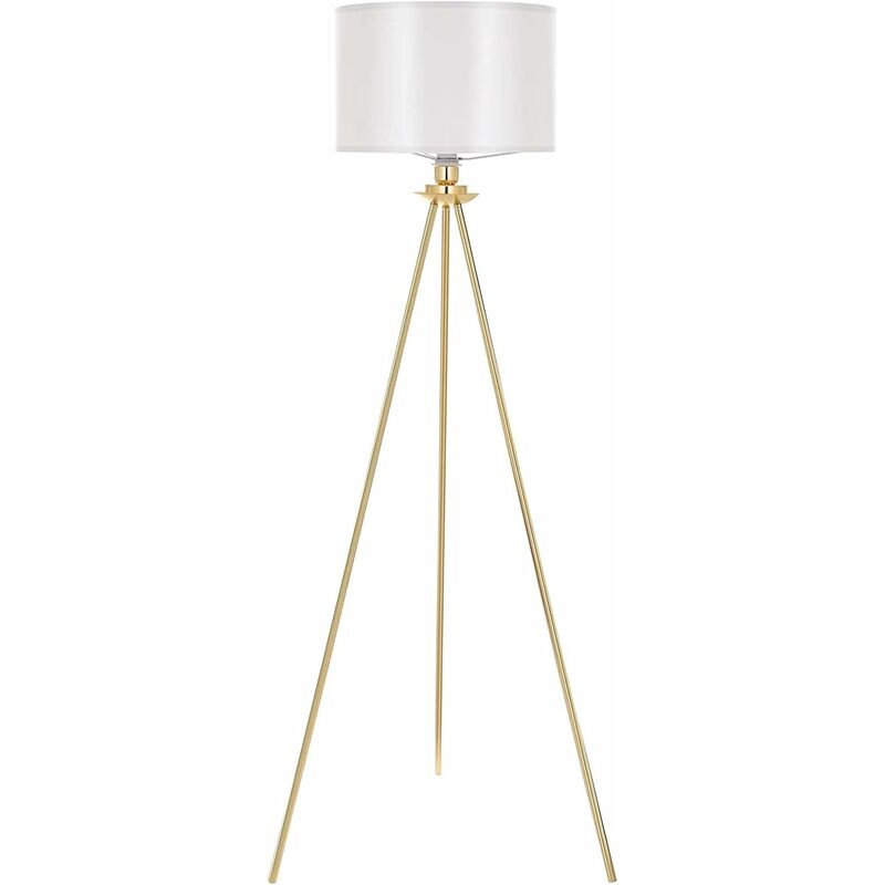 Lampadaire sur Pied, Lampadaire Style Moderne avec Trépied en Métal d'Or, Abat-jour Satiné Blanc, Lampadaire Douille E27, Lumière Douce Naturelle,