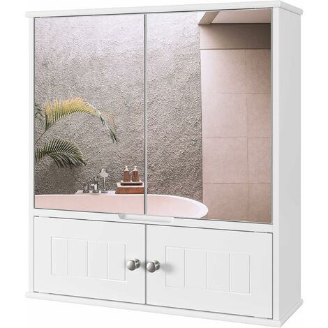 MVPOWER Mueble de baño, mueble de pared con espejo, mueble de baño con estantes de almacenamiento, 2 puertas de espejo, botiquín, 55 x 17,5 x 60 cm