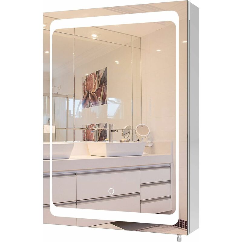 

Mueble de tocador LED, espejo de baño de acero inoxidable, espejo iluminado, espejo de pared con interruptor de sensor táctil de iluminación, 50 x 13