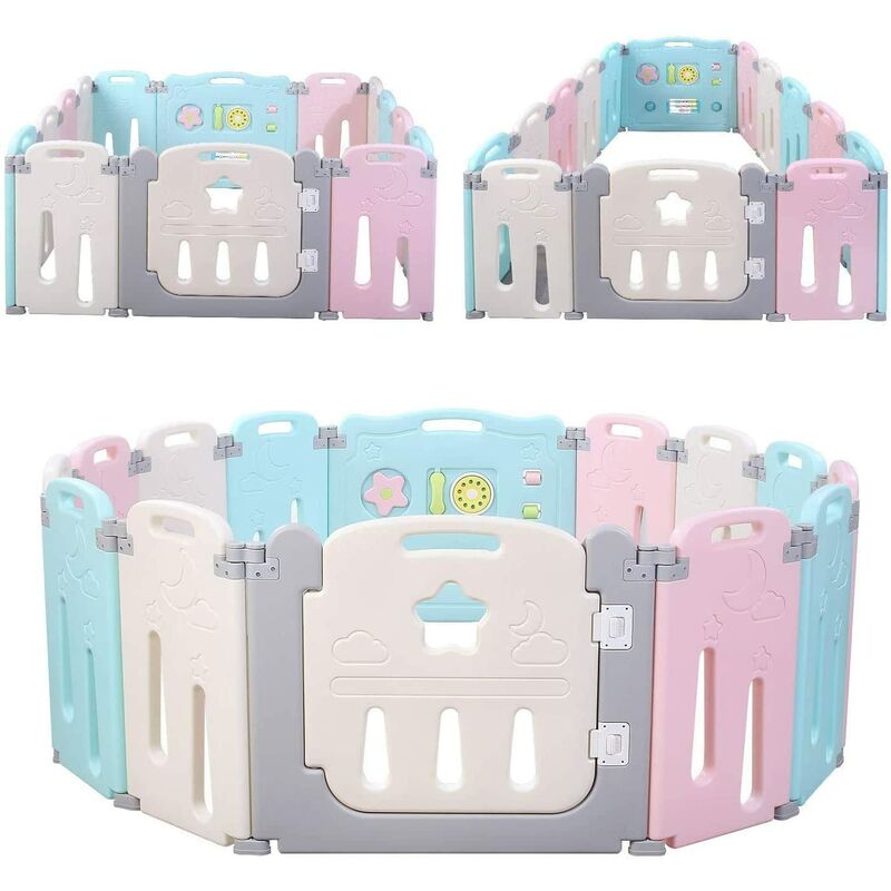 

Parque Infantil Bebe con Puerta de Plástico Extensible, Corralito Bebe Plegable para Niños de 0 a 6 Años (Rosa + Azul + Luna, 12 + 2) - Mvpower