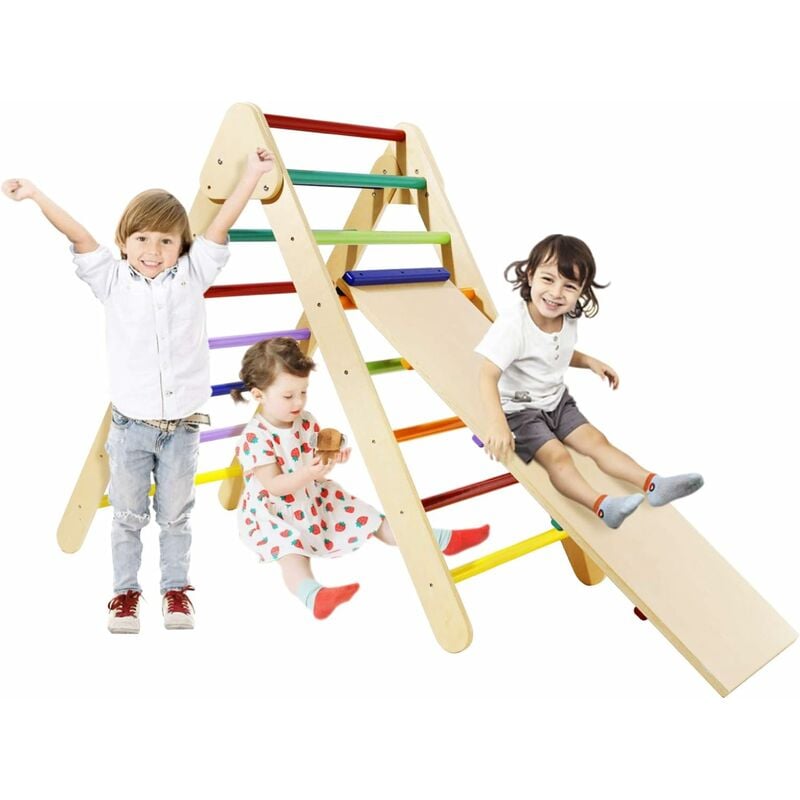 

Triángulo de escalada con juego de rampa, Triángulo de escalada de madera colorido plegable para niños, Tobogán de madera, Juguete de tobogán