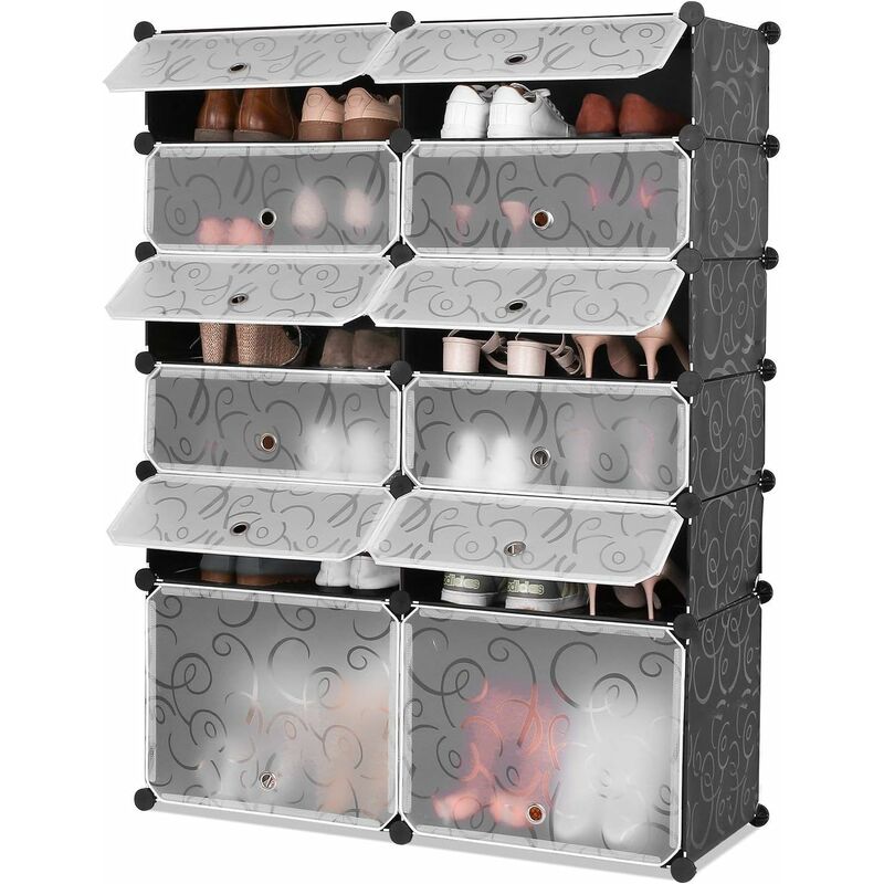 

Zapateros Estante de almacenamiento de zapatos de 12 cubos con puertas negras impresas (125x91cm) - Mvpower