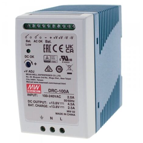 MW MEAN WELL DRC-100A Alimentatore AC/DC 100W montaggio Su Guida DIN con Funzione di Carica Batteria (UPS) Output 12Vdc at 4,5A