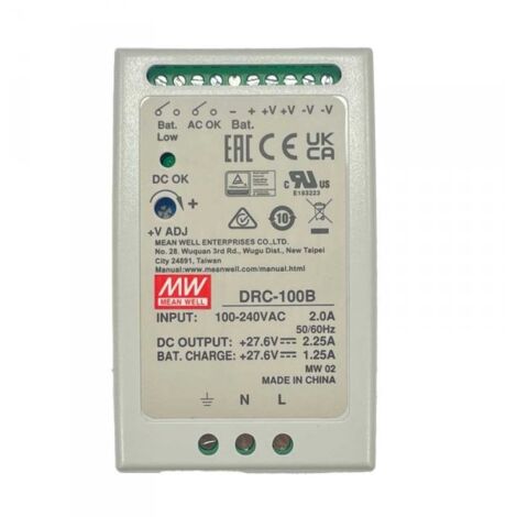 MW MEAN WELL DRC-100B Alimentatore AC/DC 100W montaggio Su Guida DIN con Funzione di Carica Batteria (UPS) Output 24-30Vdc at 2.25A e 27.6Vdc at 1.25A