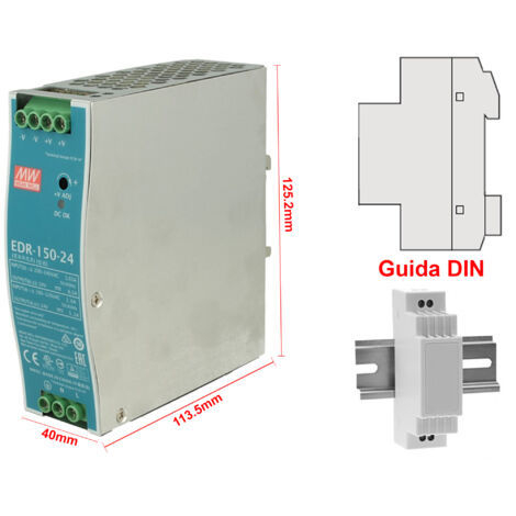MW MEAN WELL EDR-150-24 Trasformatore Rotaia Industriale 24V 156W 6,5A Barra Guida DIN Rail Power Supply Universale