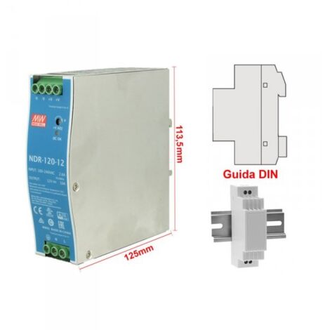 MW MEAN WELL NDR-120-12 Trasformatore Rotaia Industriale 12V 120W 10A Barra Guida DIN Rail Power Supply Input 220V 110V